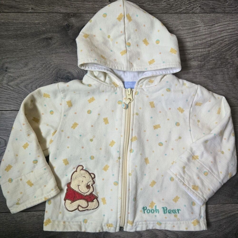 Vintage Disney Winnie the Pooh Baby Jacket Zip Hoodie Pastel Yellow Cotton 18M